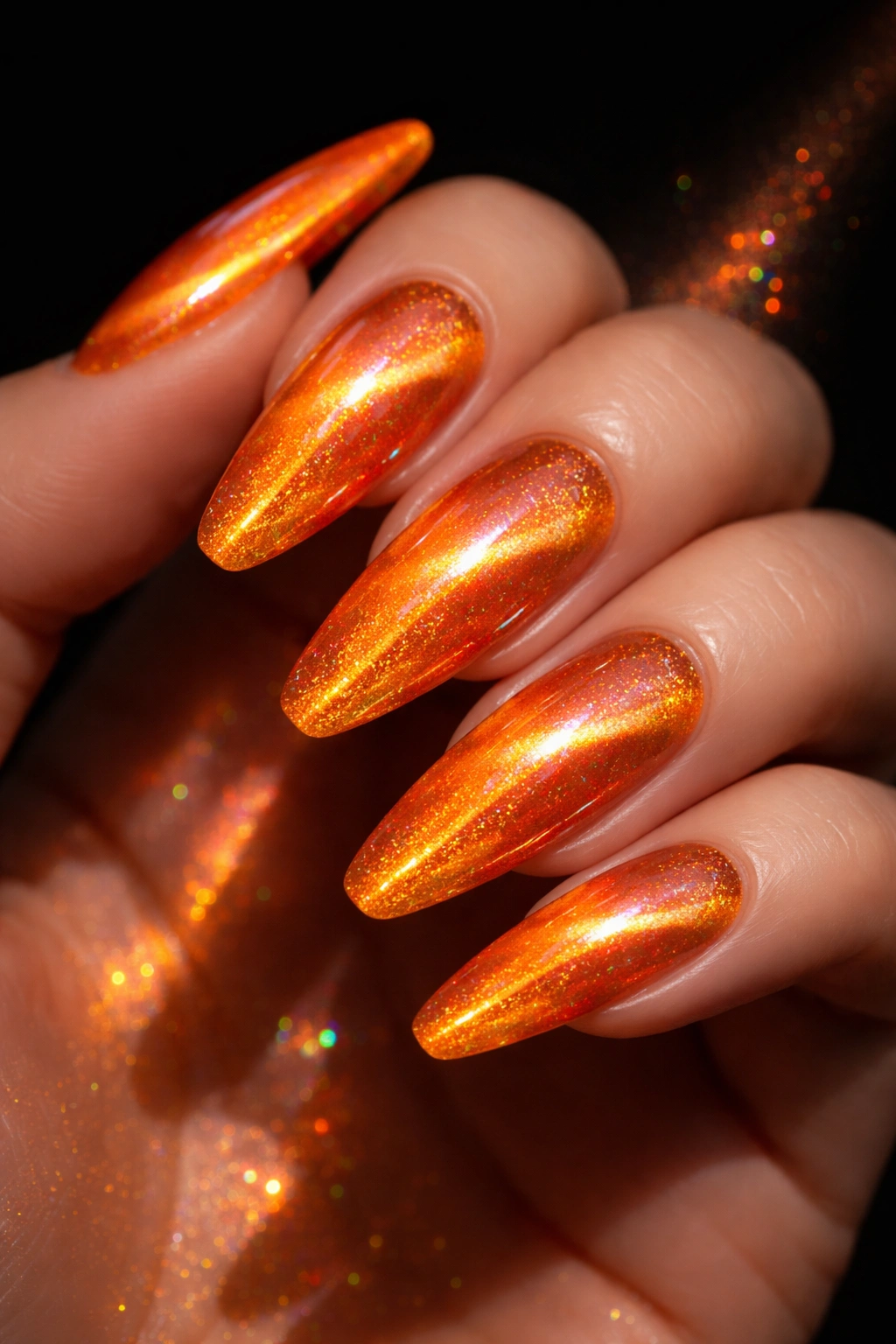 Close-up of hot orange holographic cat eye nails with rainbow reflections on a hand