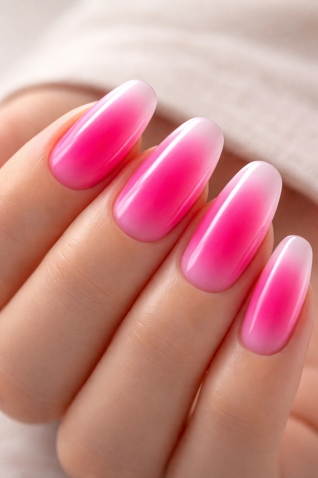 Close-up of hot pink aura nails with soft halo effect on neatly manicured nails
