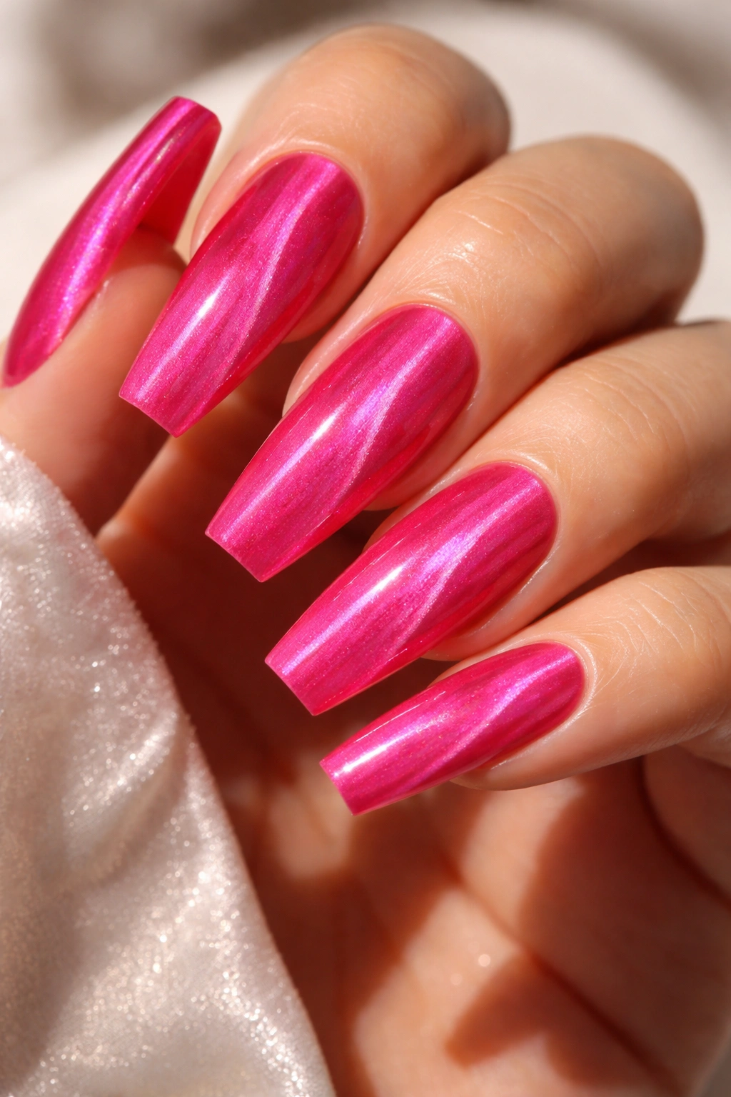 Coffin nails with hot pink cat eye pattern featuring vertical shimmering stripes