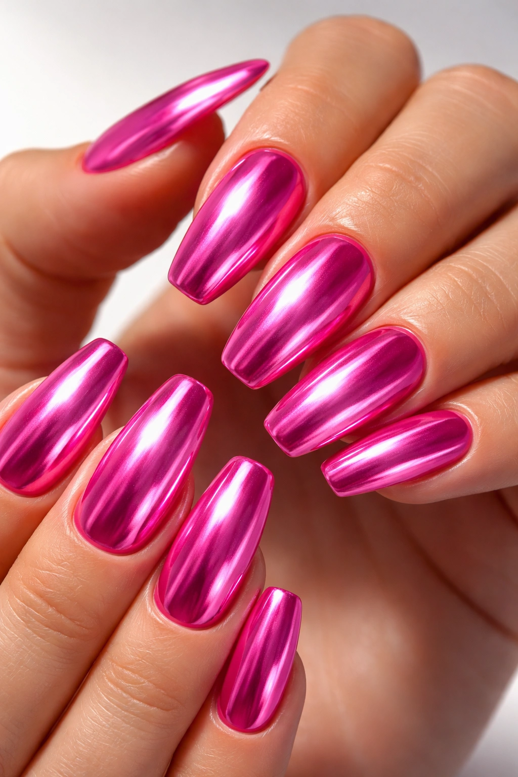 Close-up of hot pink chrome nails with mirror finish