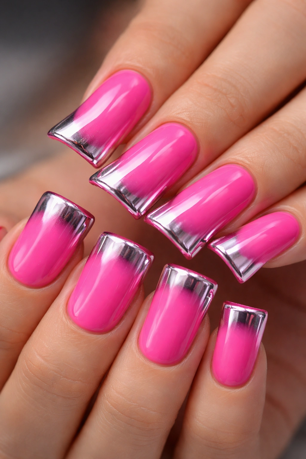 Hot pink duck nails with chrome accents close-up