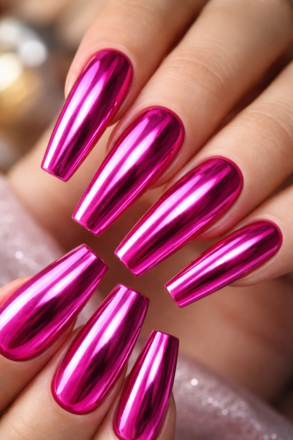 Close-up of hot pink chrome coffin nails with mirror finish