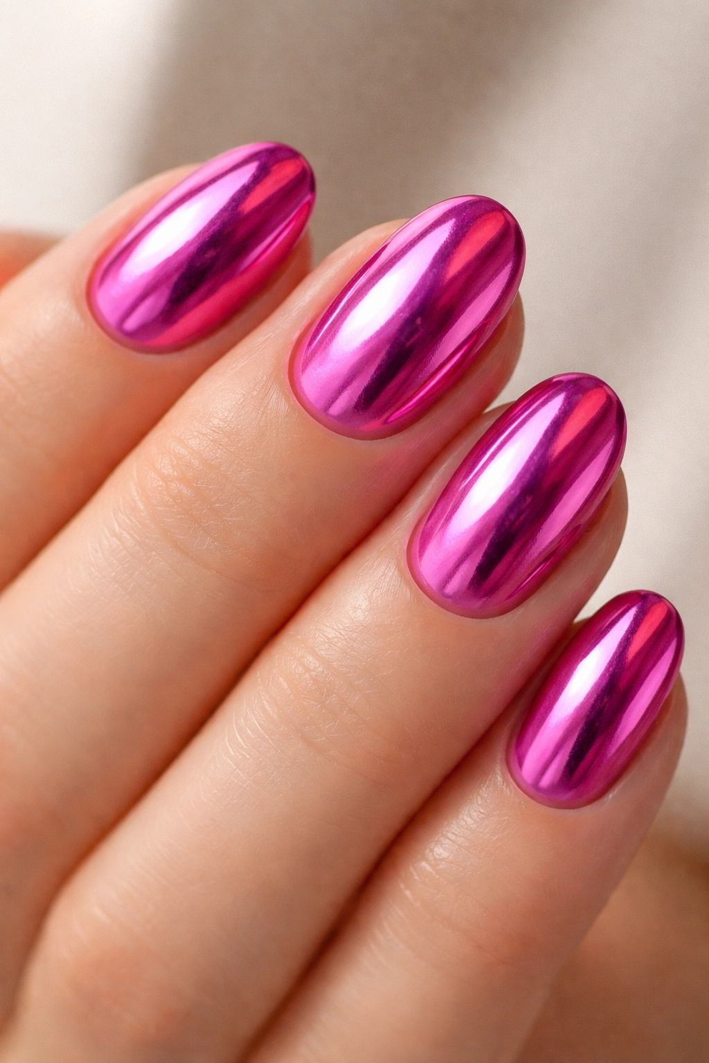 Close-up of short oval nails with hot pink chrome finish