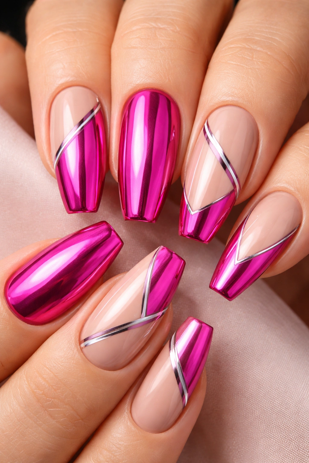 Close-up of hot pink chrome nails with nude negative space on ballerina nails
