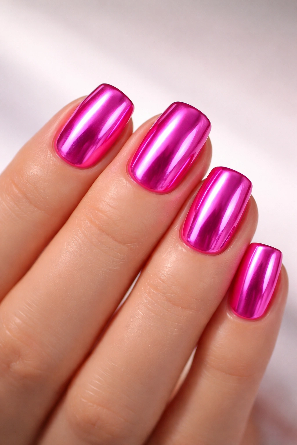 Close-up of short square nails in hot pink with chrome mirror finish