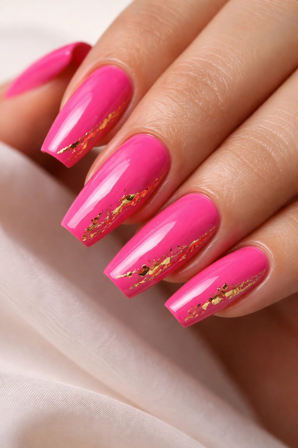 Close-up of hot pink coffin nails with thin gold foil accents on medium-length nails