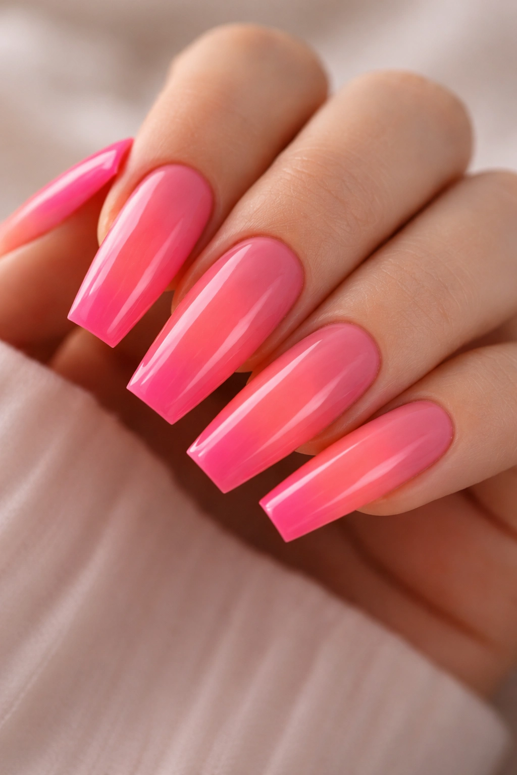 Close-up of coffin nails with hot pink to coral ombre gradient