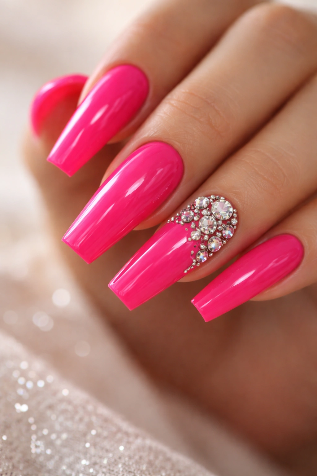Coffin nails showcasing hot pink base with diamond accents on one accent nail