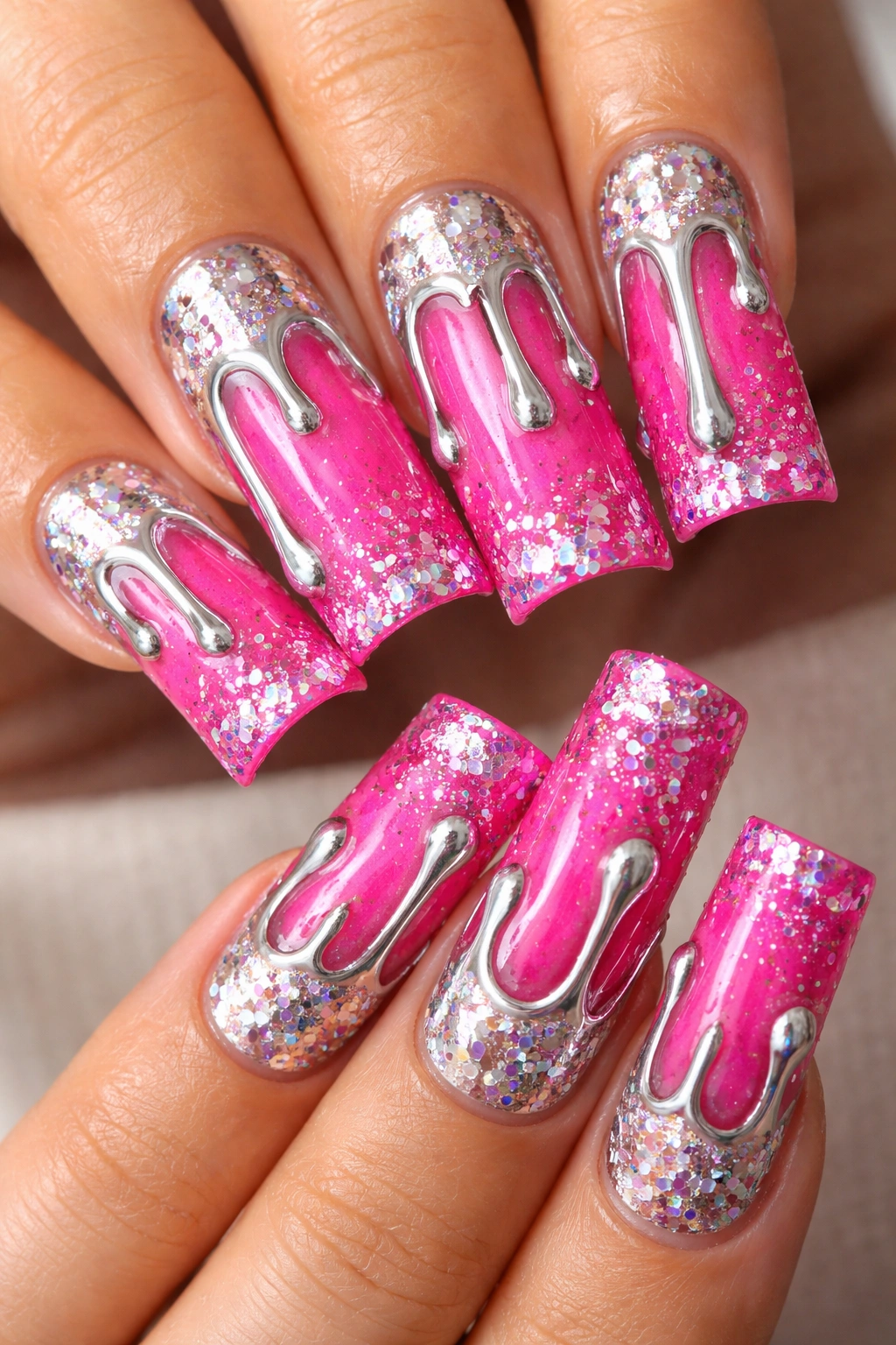 Close-up of hot pink duck nails with silver drip lines and glitter