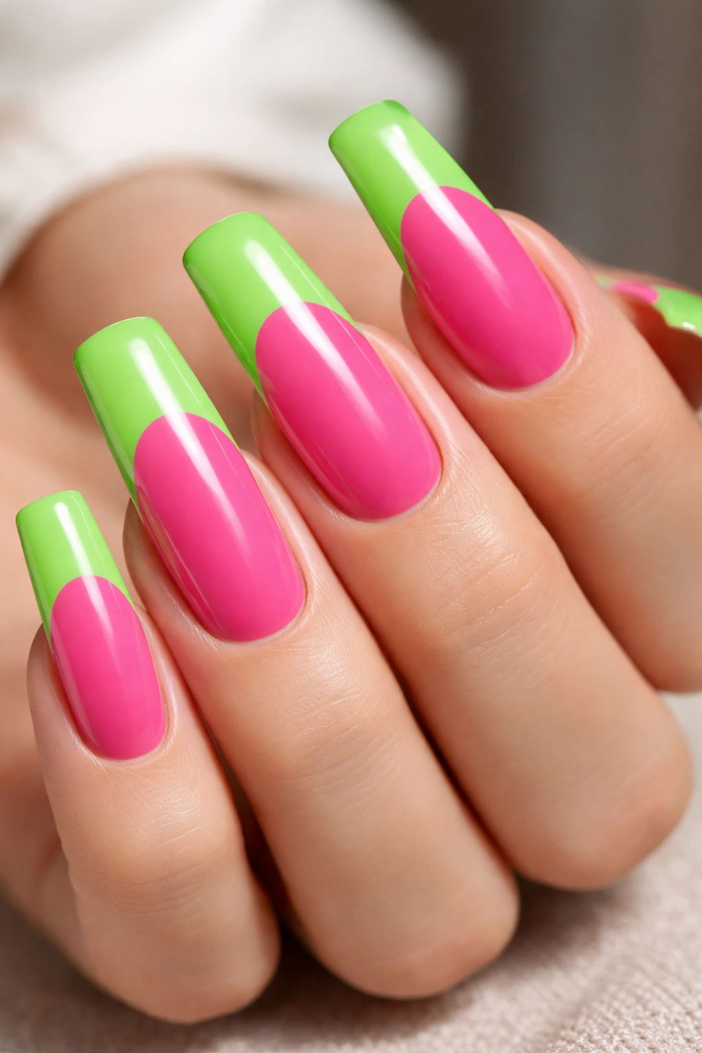 Close-up of hot pink duck nails with large green tips on a hand