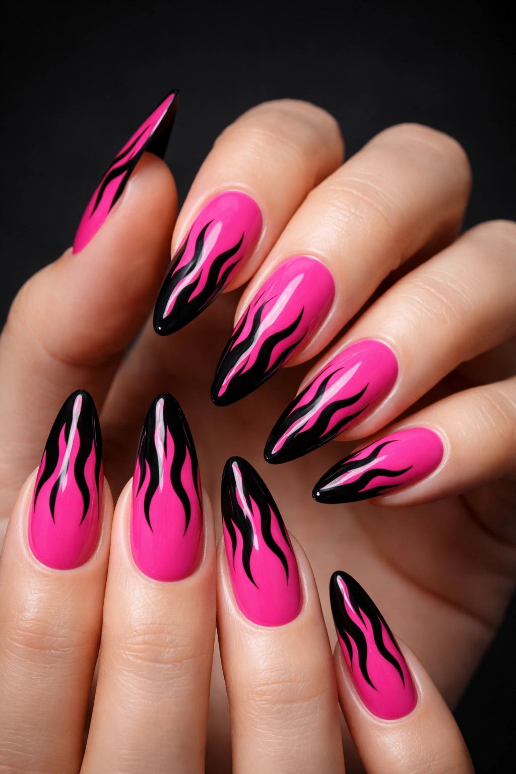 Hot pink nails with black flame designs