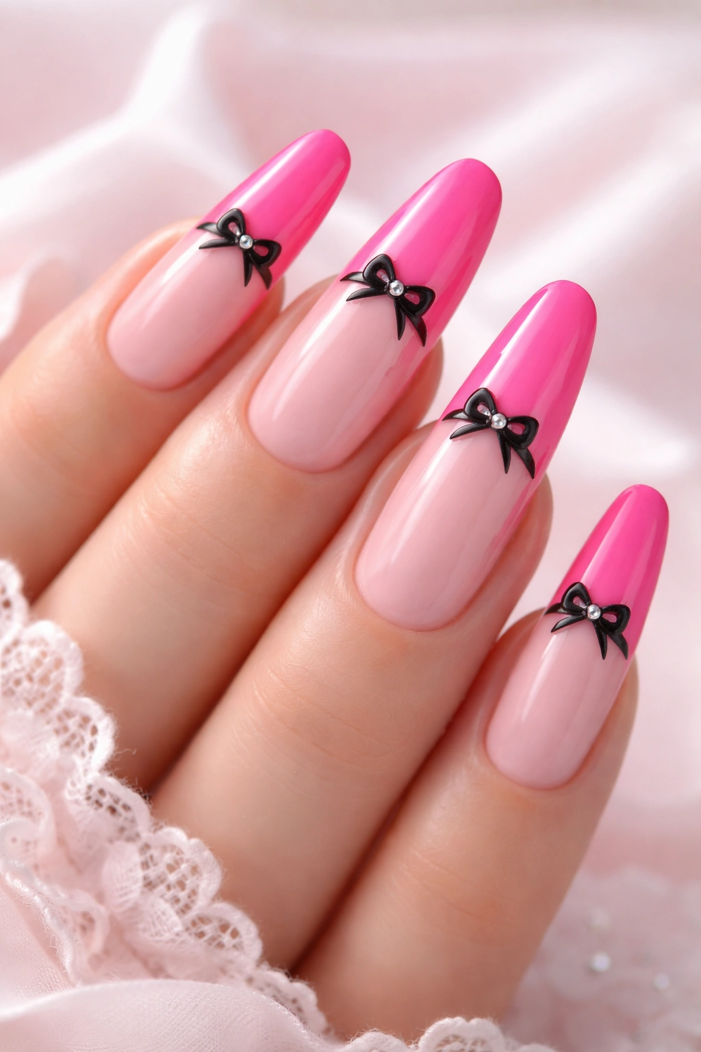Long nails with hot pink French tips and black bows at the base