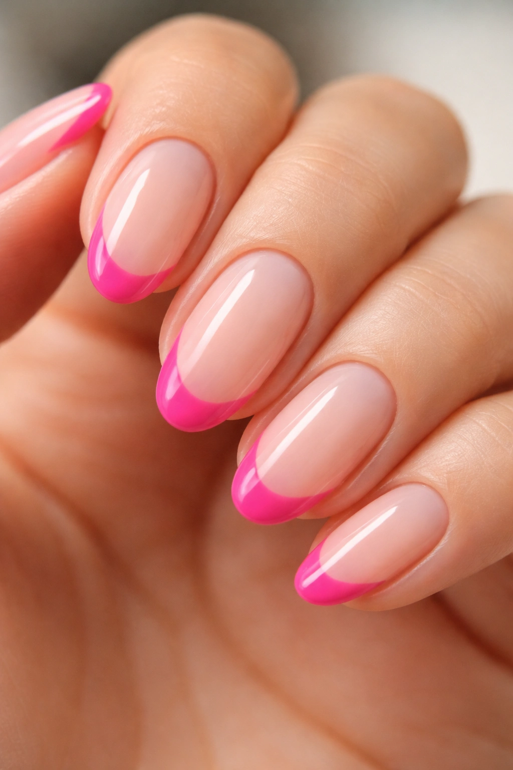 Bare almond nail with classic hot pink French tip on nude base