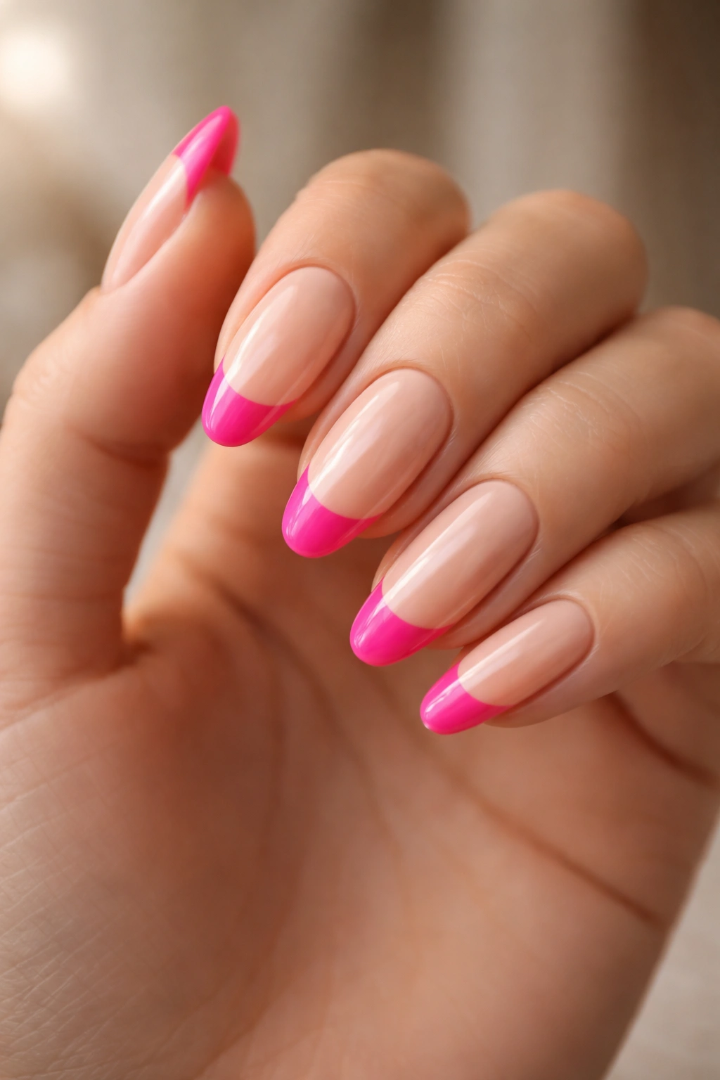 Long oval nails with nude base and hot pink French tips.