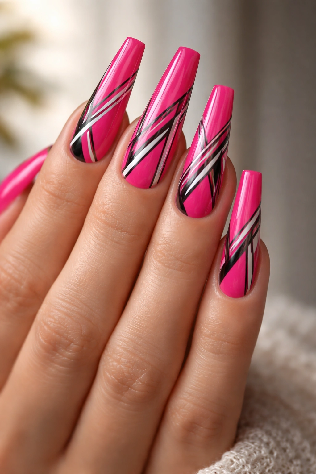 Close-up of hot pink coffin nails with geometric line patterns