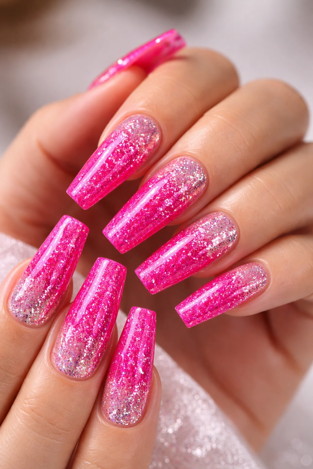 Close-up of hot pink coffin nails with dense glitter gradient from tips toward cuticle