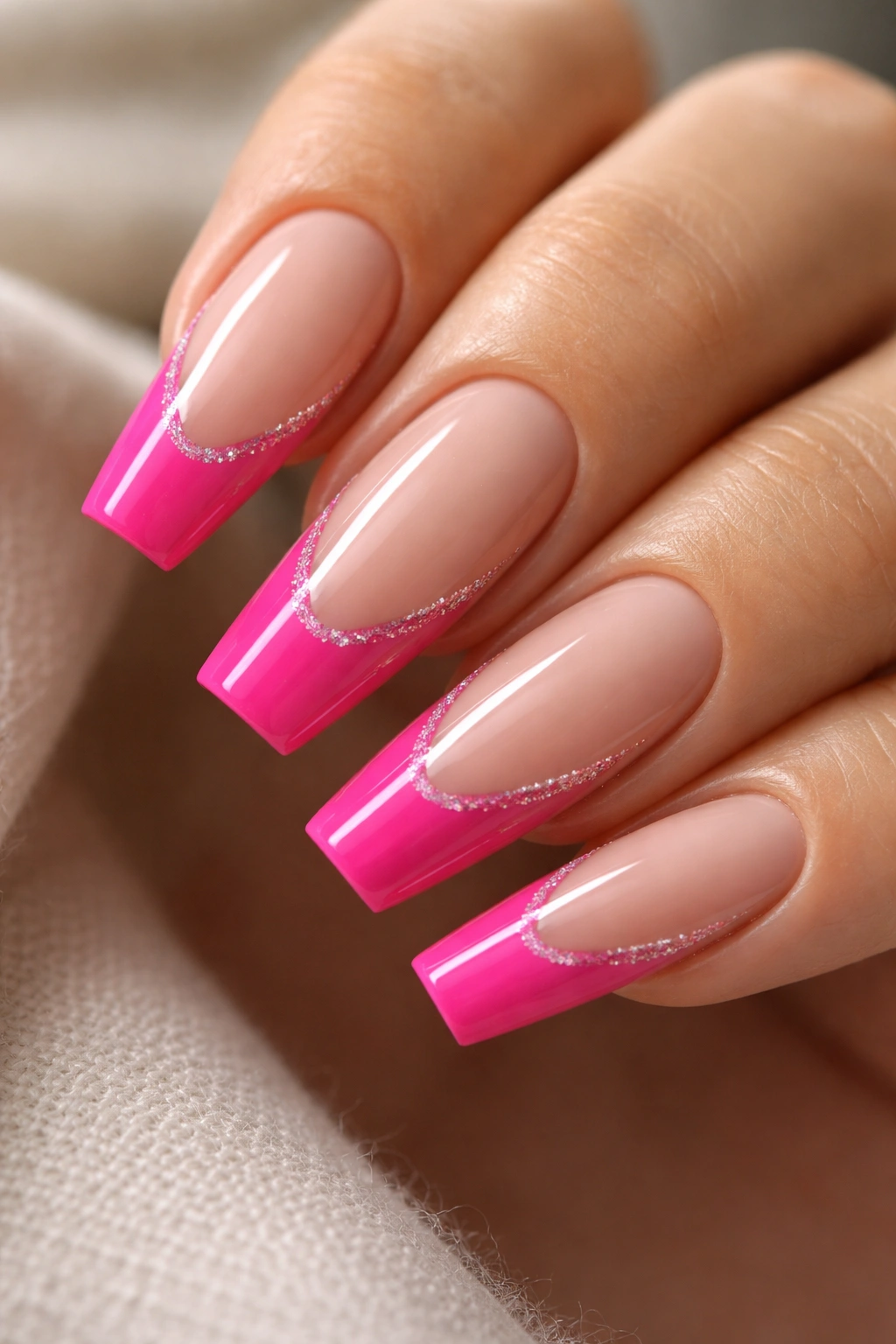 Hot pink French tips with a glitter cut line on ballerina nails