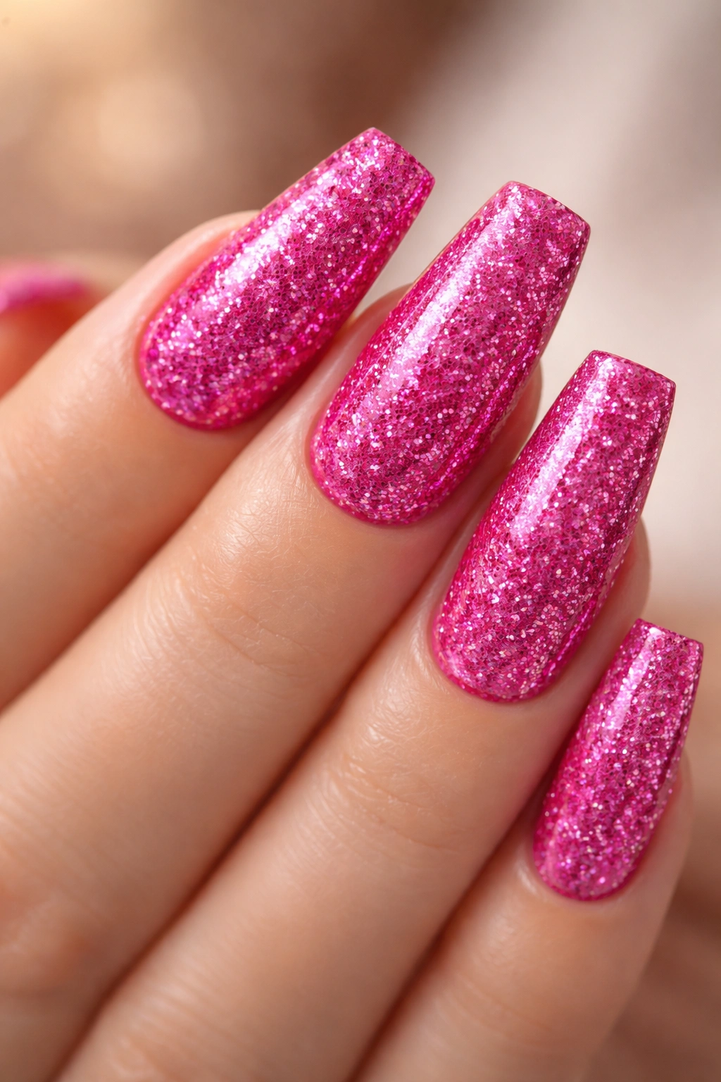 Hot pink glitter coffin nails close-up