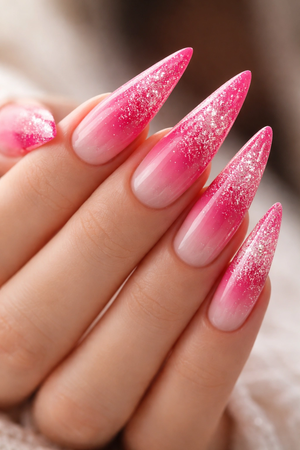 Close-up of hot pink to blush ombré glitter fade stiletto nails on a pale hand
