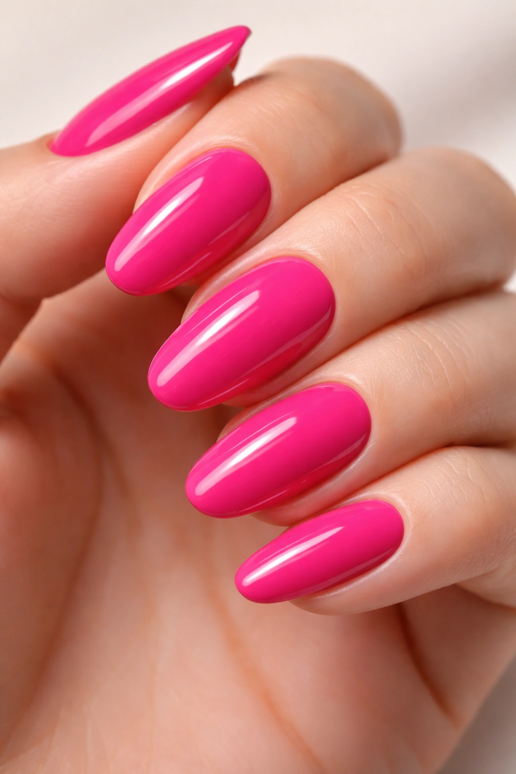 Close-up of solid hot pink glossy nails on a hand