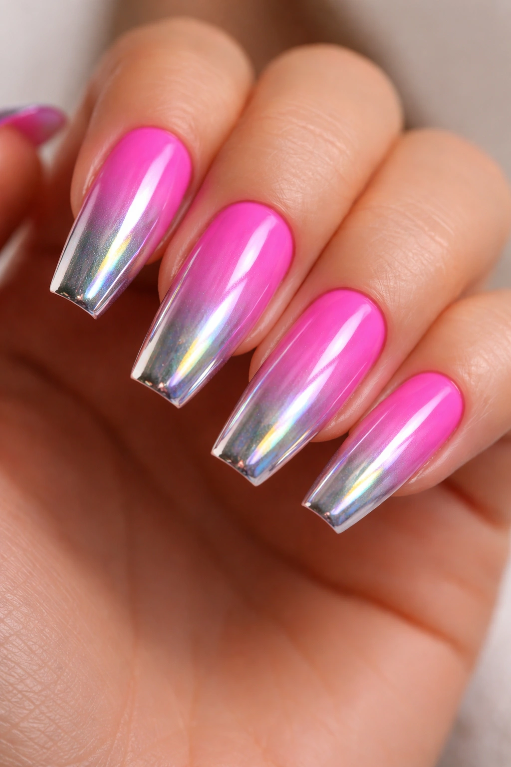 Hot pink coffin nails fading into holographic chrome.