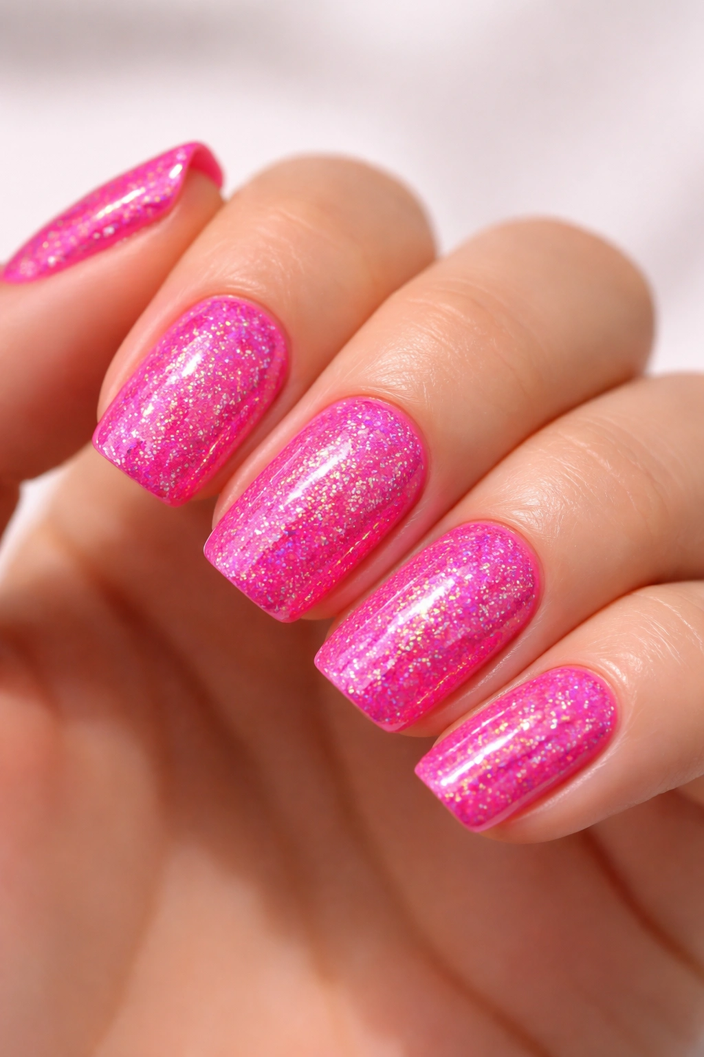 Hot pink nails with holographic glitter on short squoval nails