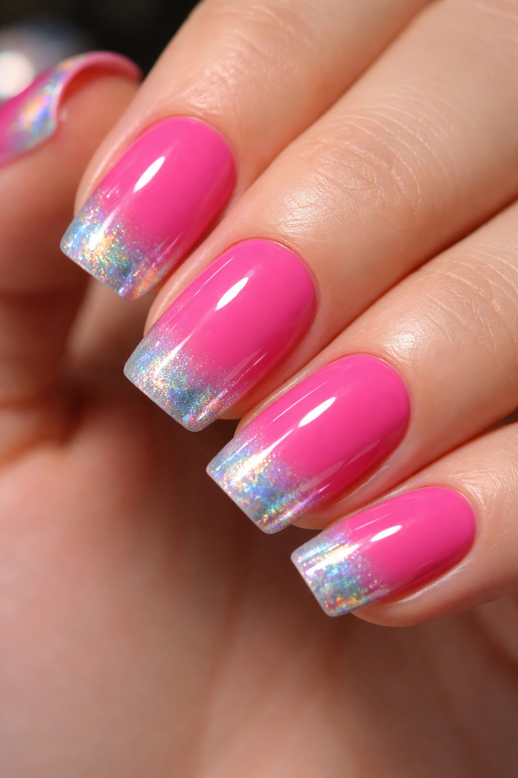 Close-up of short squoval nails in hot pink with holographic tips