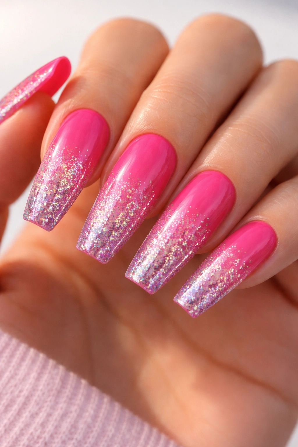 Coffin nails with hot pink color and holographic gradient
