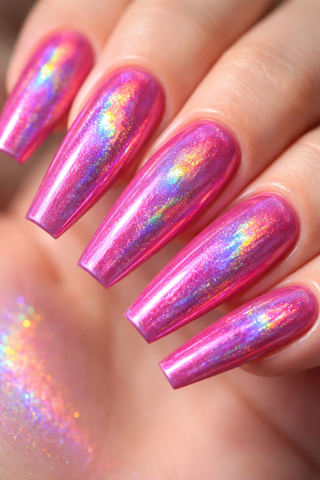 Coffin nails with hot pink holographic finish and rainbow reflections