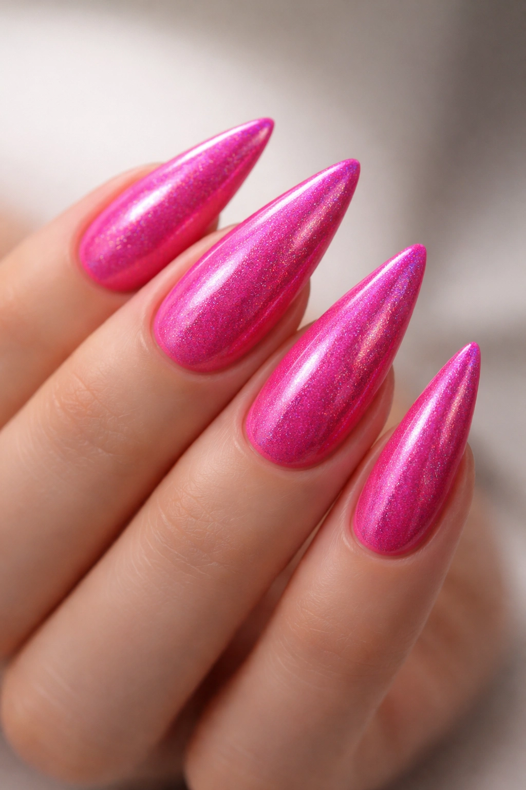 Close-up of hot pink nails with subtle holographic shimmer