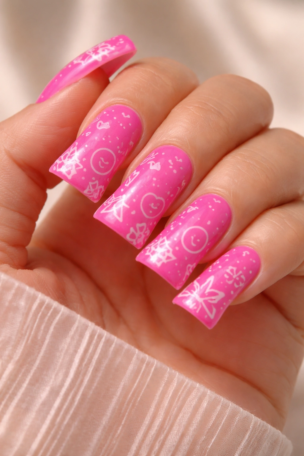 Hot pink duck nails with white line art and smiley faces