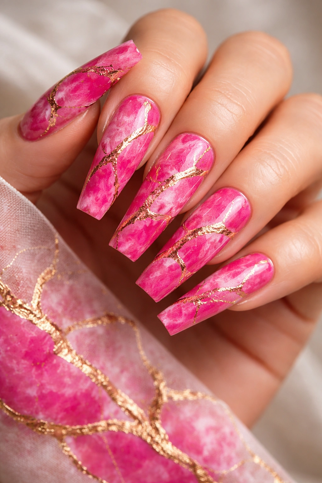 Close-up of hot pink marble coffin nails with gold veining
