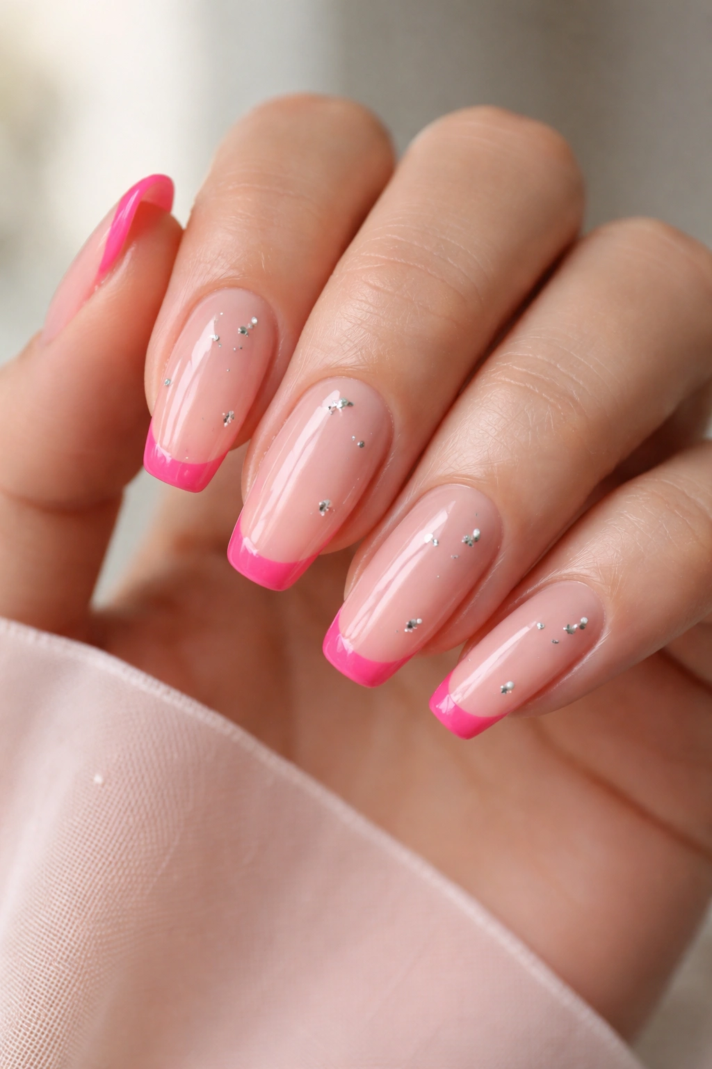 Hot pink micro-French ballerina nails with tiny silver stars