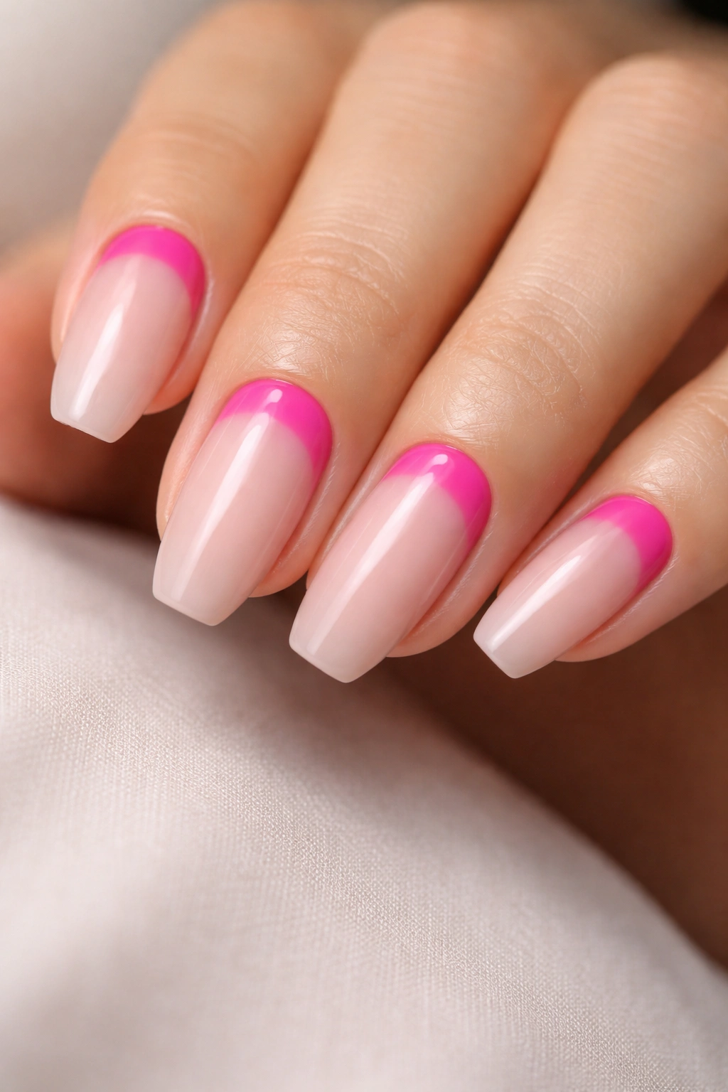 Hot pink reverse-French moons on nude ballerina nails