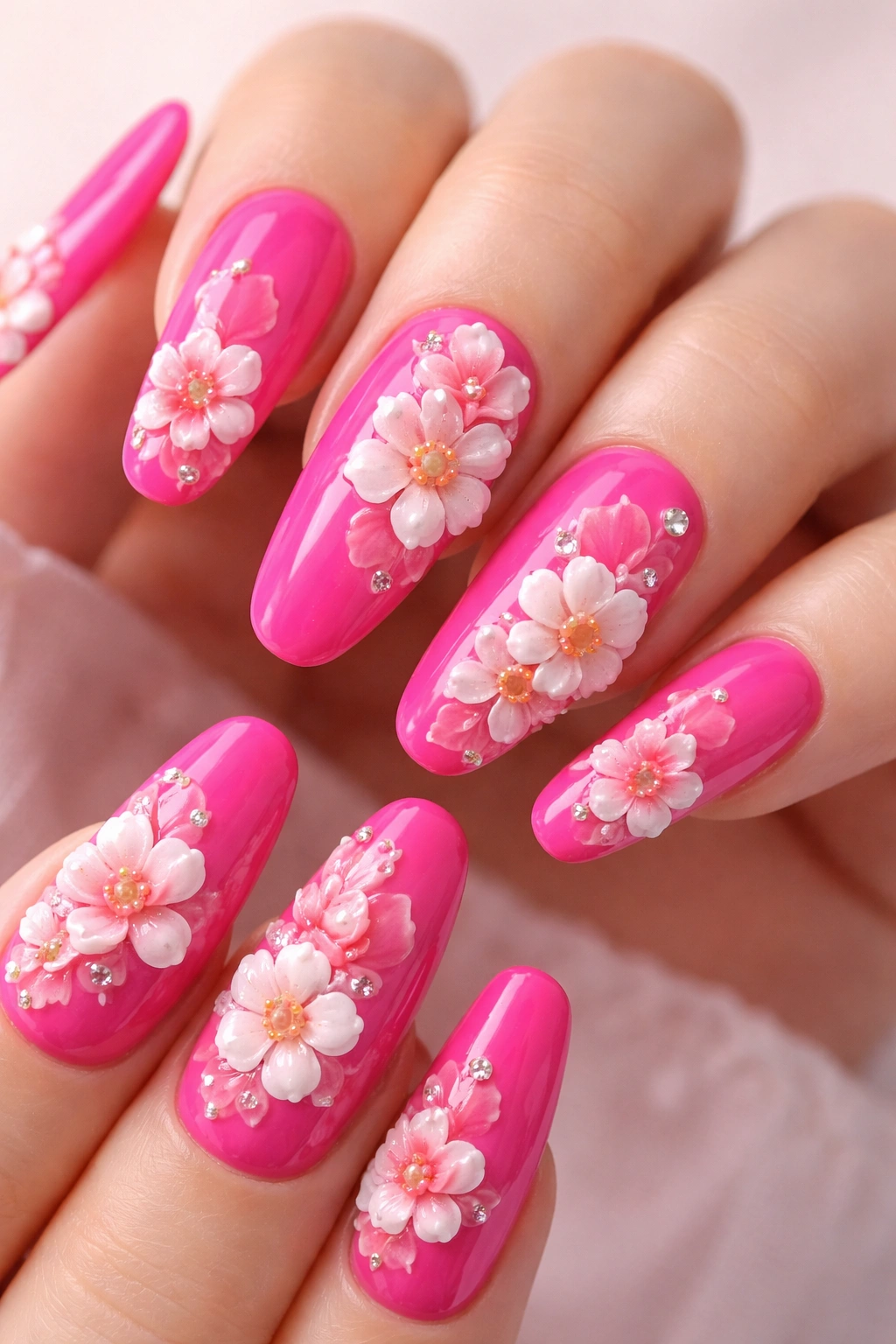 Close-up of hot pink nails with 3D blooming gel flowers in white and coral