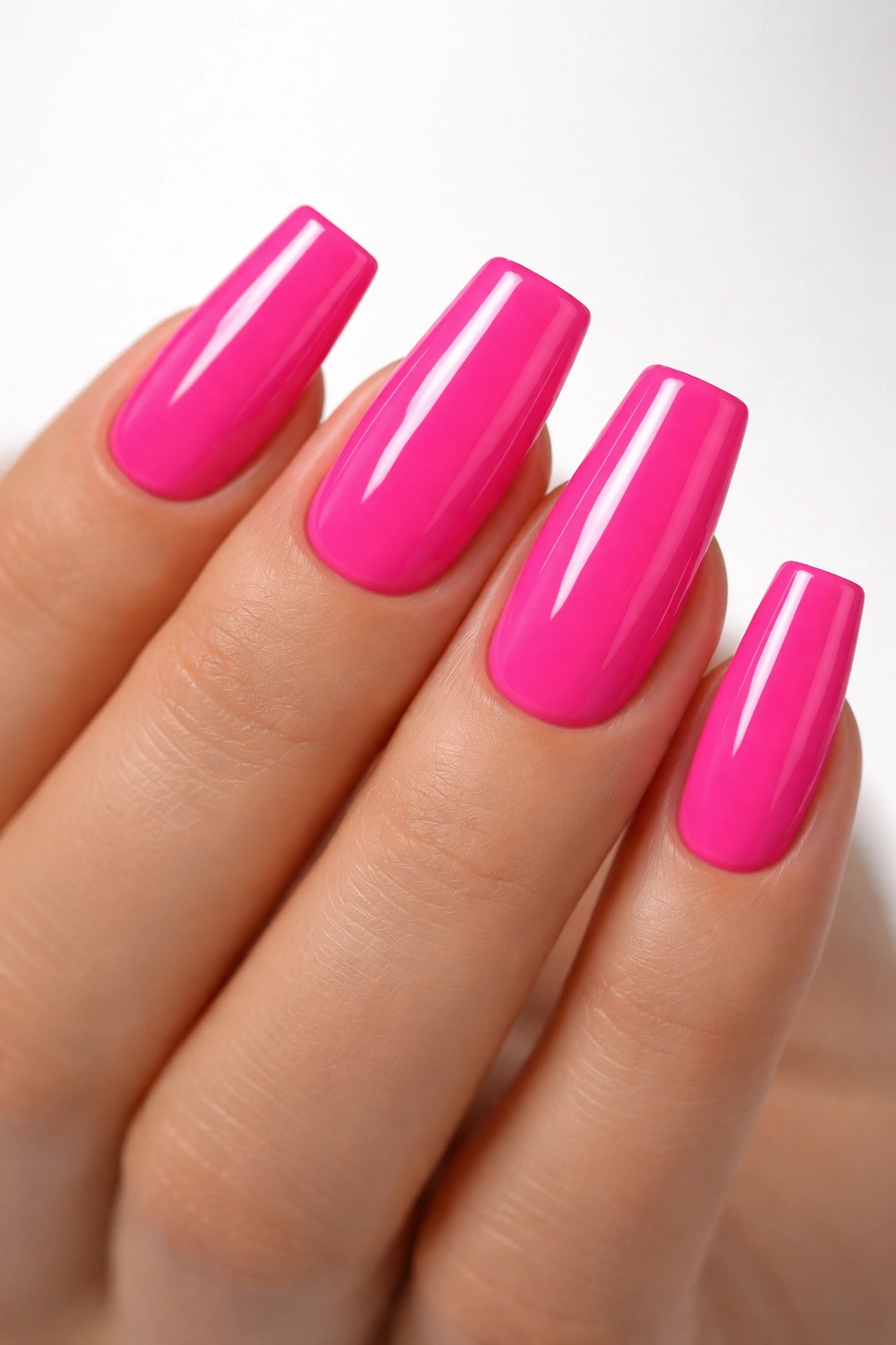 Close-up of hot pink acrylic nails with glossy finish