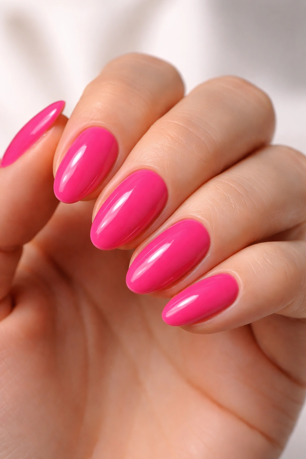 Close-up of hot pink short almond nails with glossy polished edge