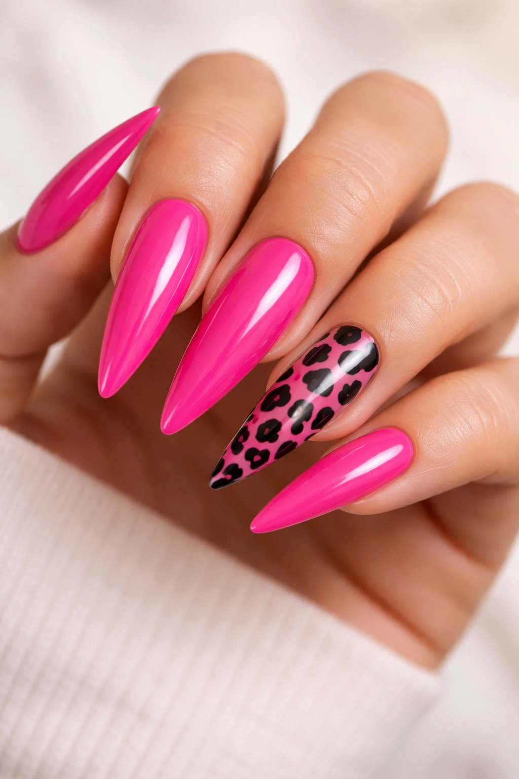 Hot pink stiletto nails with a black animal print accent nail