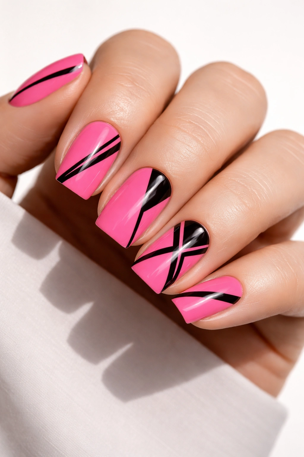 Close-up of hot pink nails with black geometric details on short squoval nails