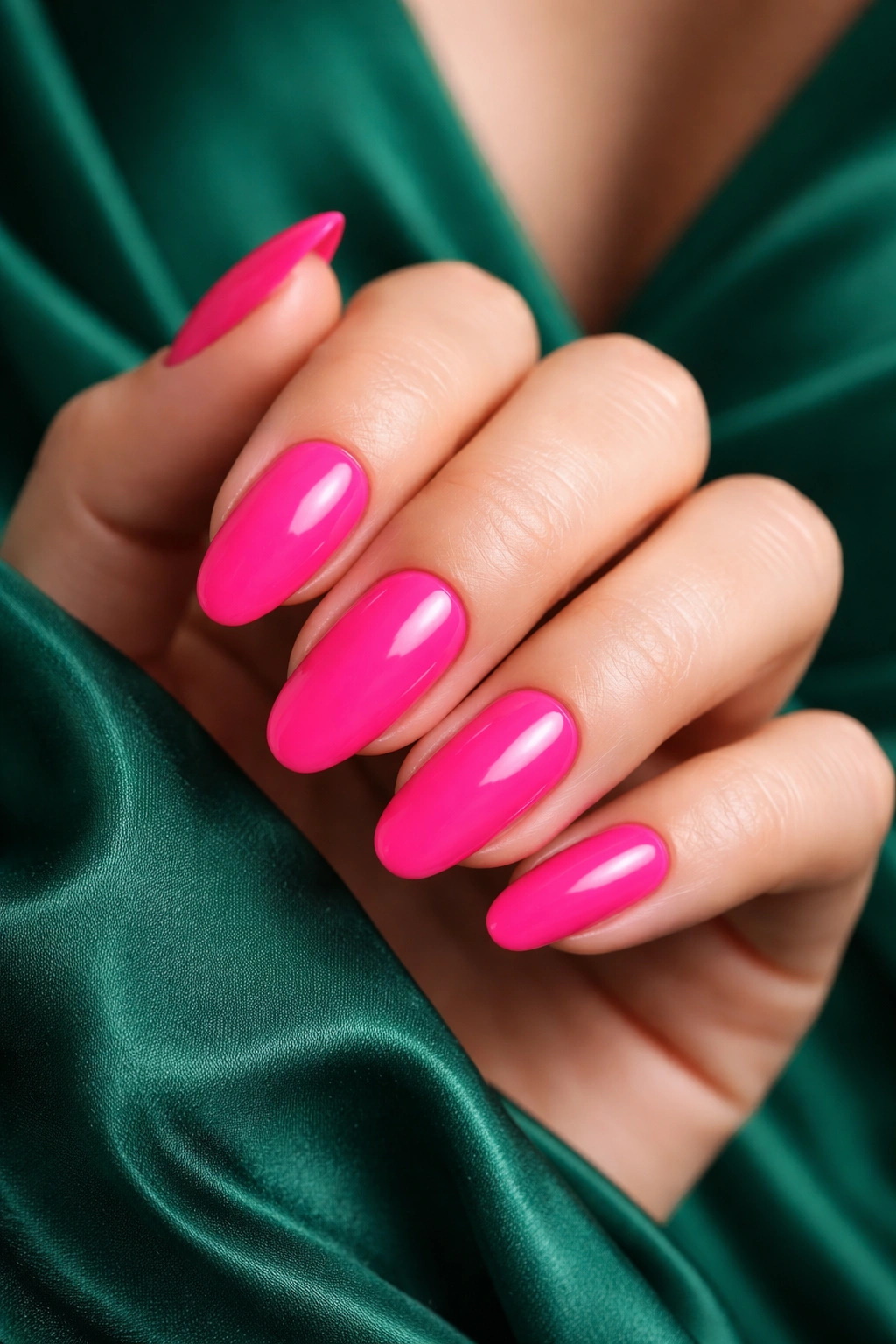 Hot pink nails on a hand with a bold color