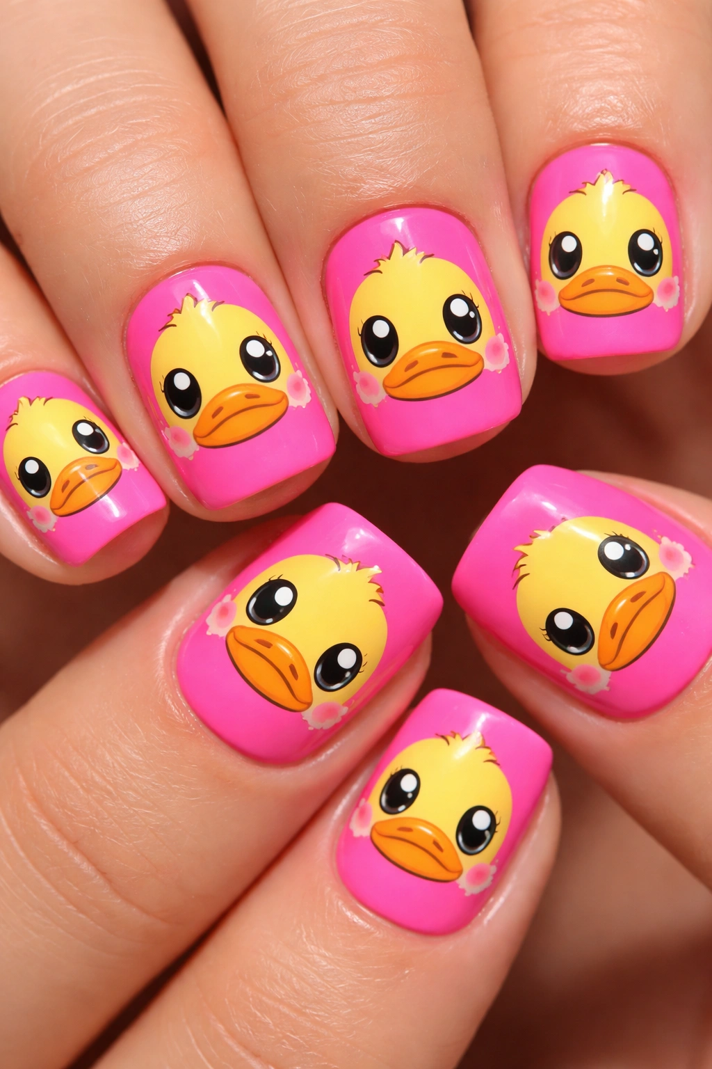 Close-up of hot pink nails with cartoon duck face designs