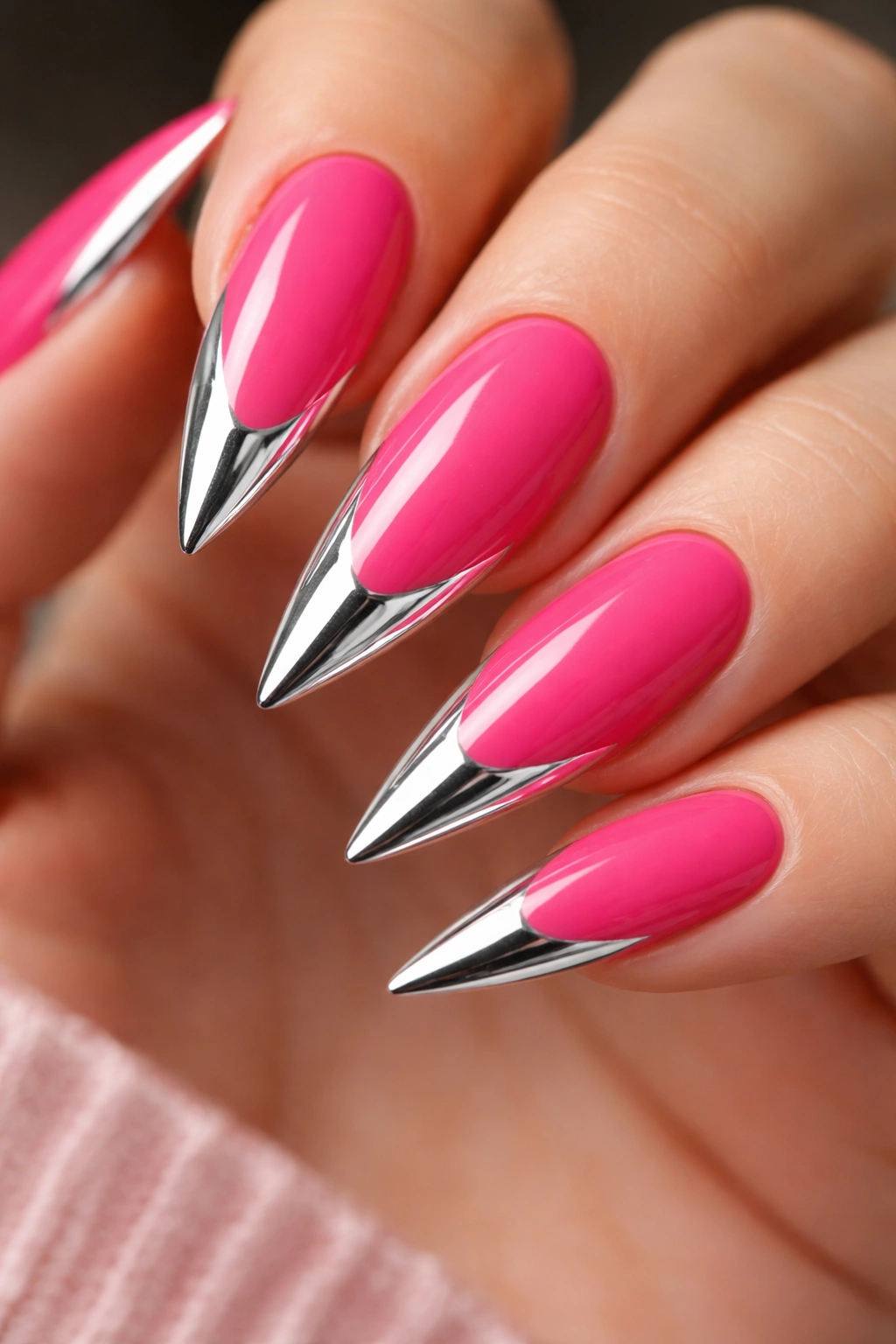 Close-up of hot pink stiletto nails with chrome mirror tips