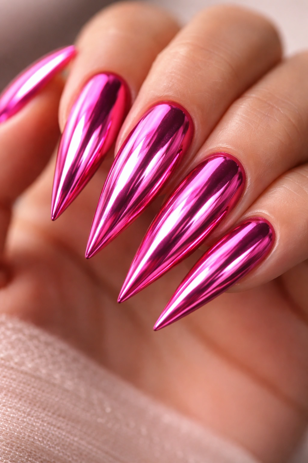 Close-up of hot pink stiletto nails with reflective chrome finish under studio lighting