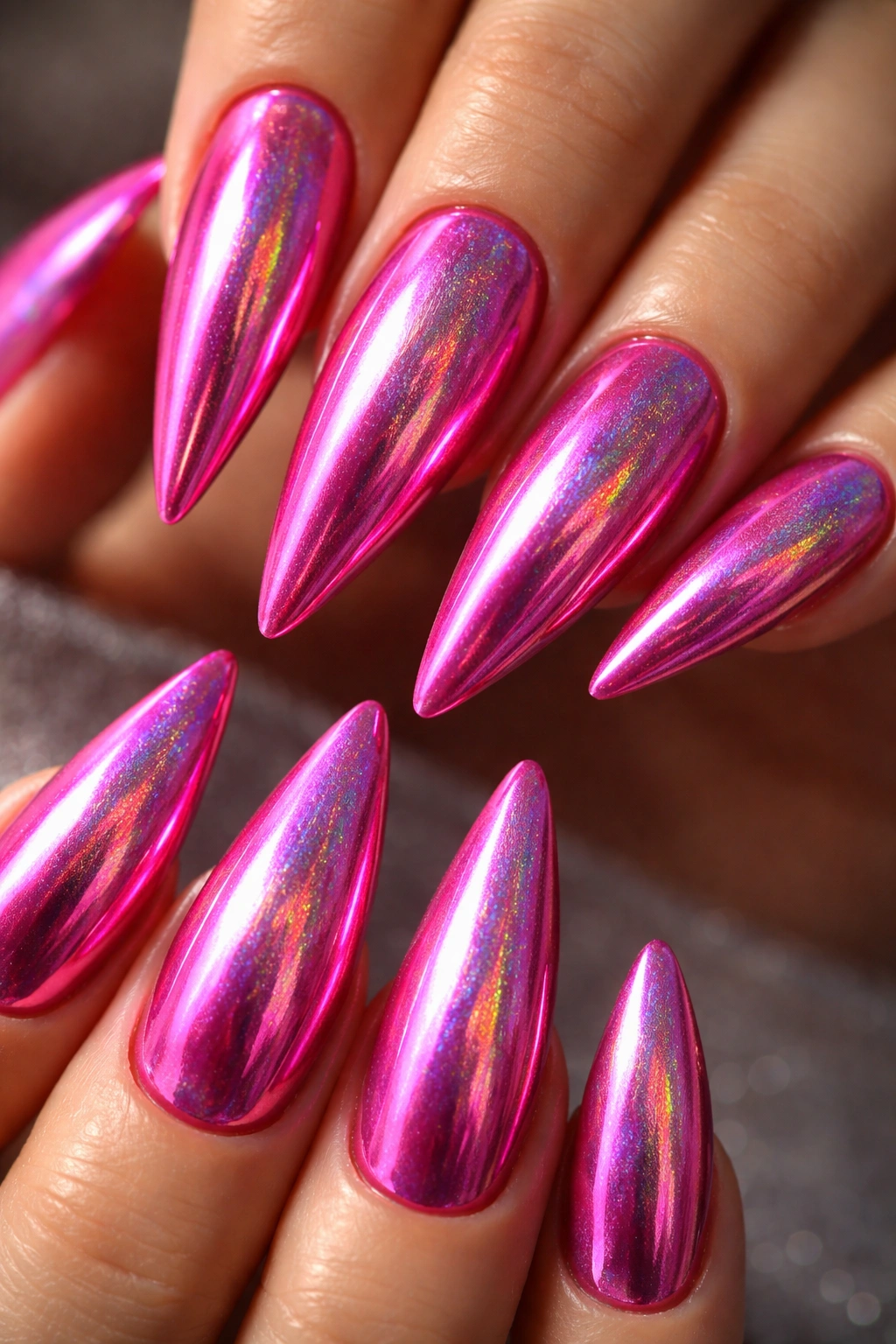 Close-up of hot pink stiletto nail with chrome and holographic powder