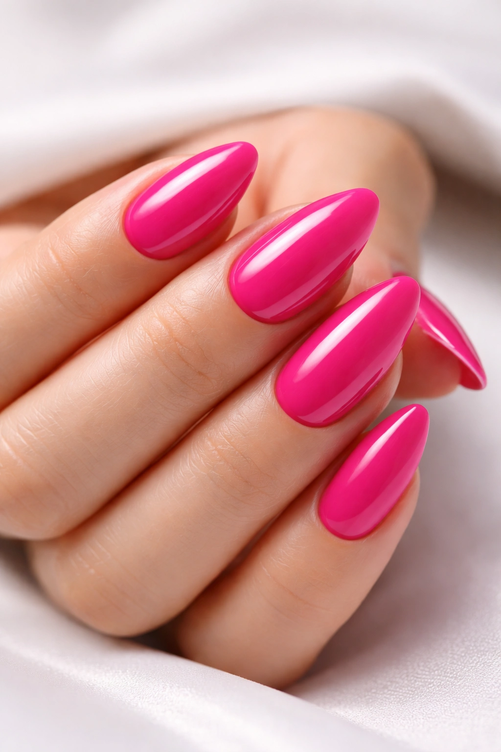 Close-up of glossy hot pink manicure on minimalist surface