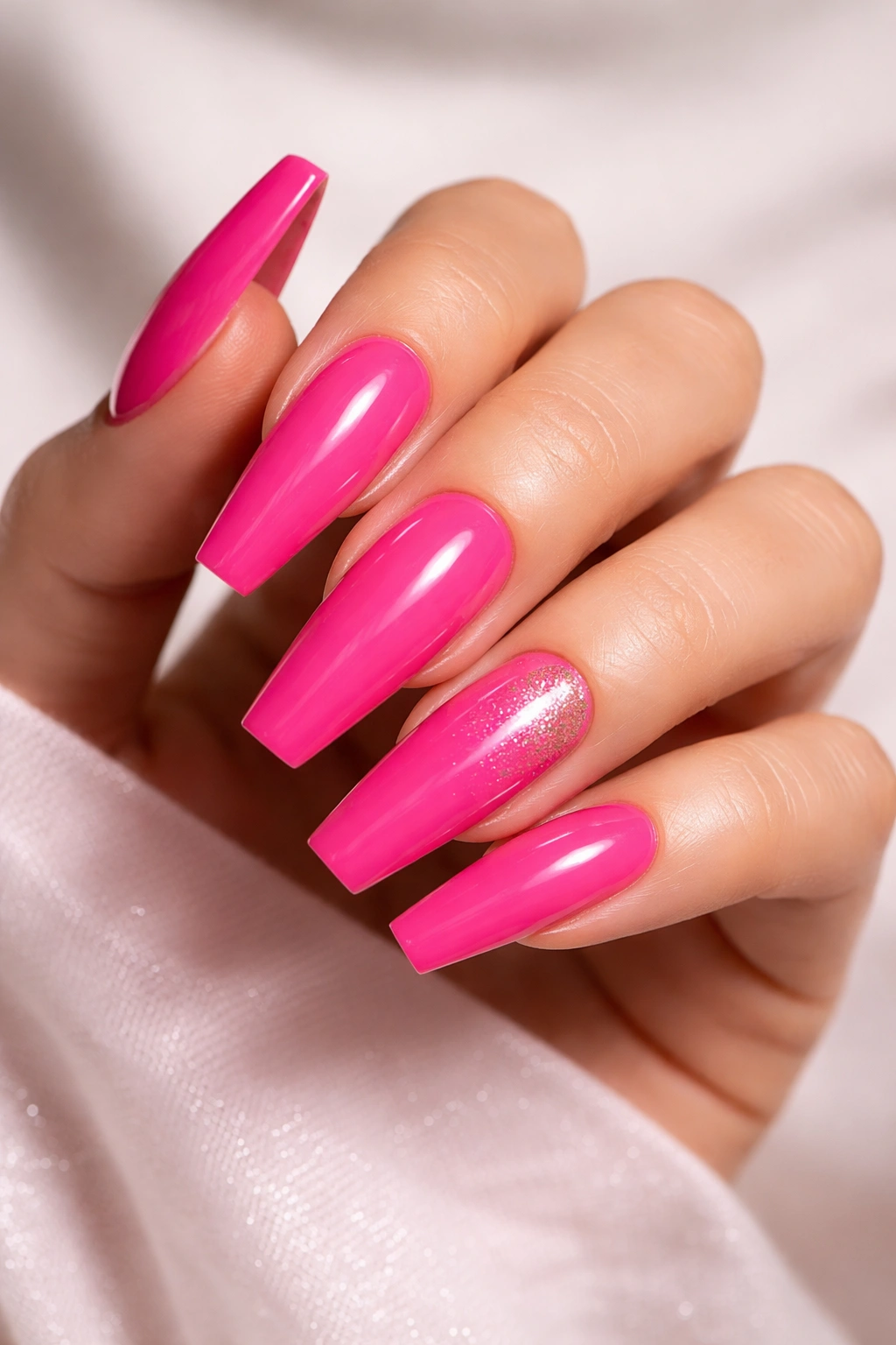 Close-up of hot pink coffin nails with a glitter accent