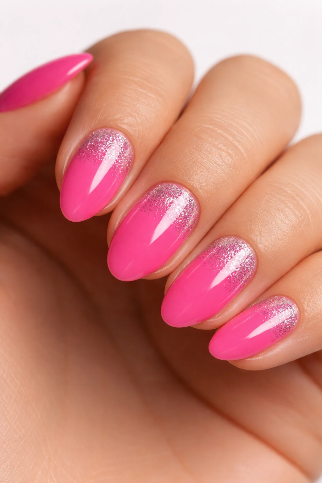Close-up of short hot pink almond nails with a fine silver glitter fade on the tips