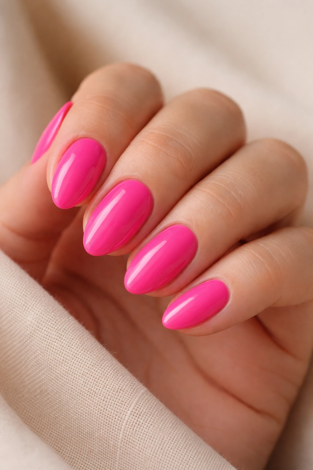 Close-up of hot pink nails on a short almond shape with a glossy finish