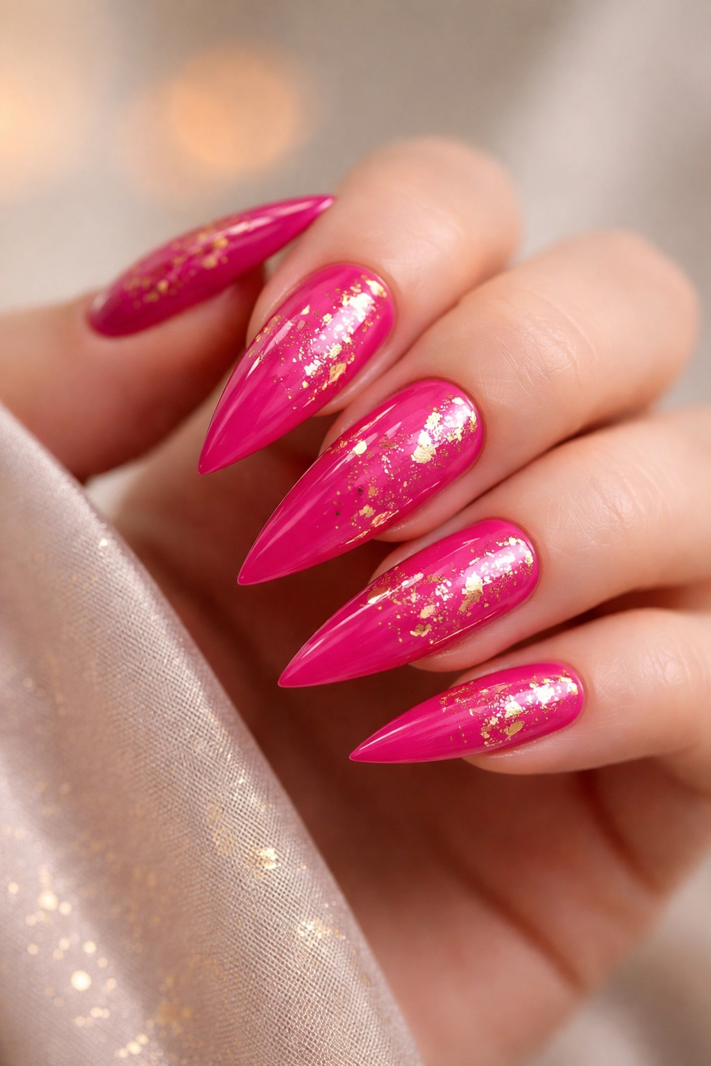 Close-up of stiletto nails in hot pink with scattered gold foil accents