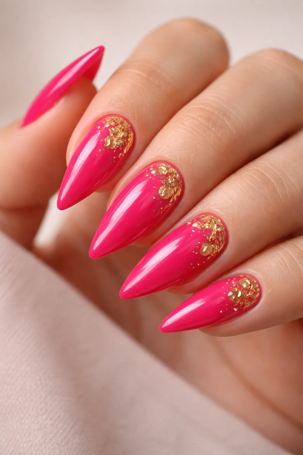 Close-up of hot pink stiletto nails with gold foil accents on medium-length nails